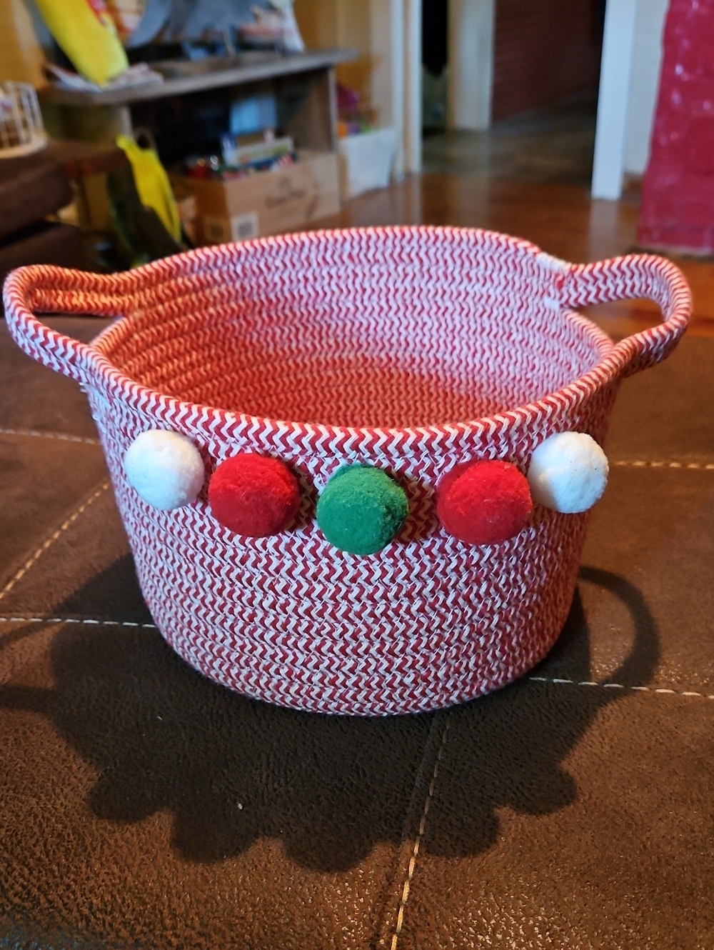 Red Woven Rope Basket with Pom-Pom Trim